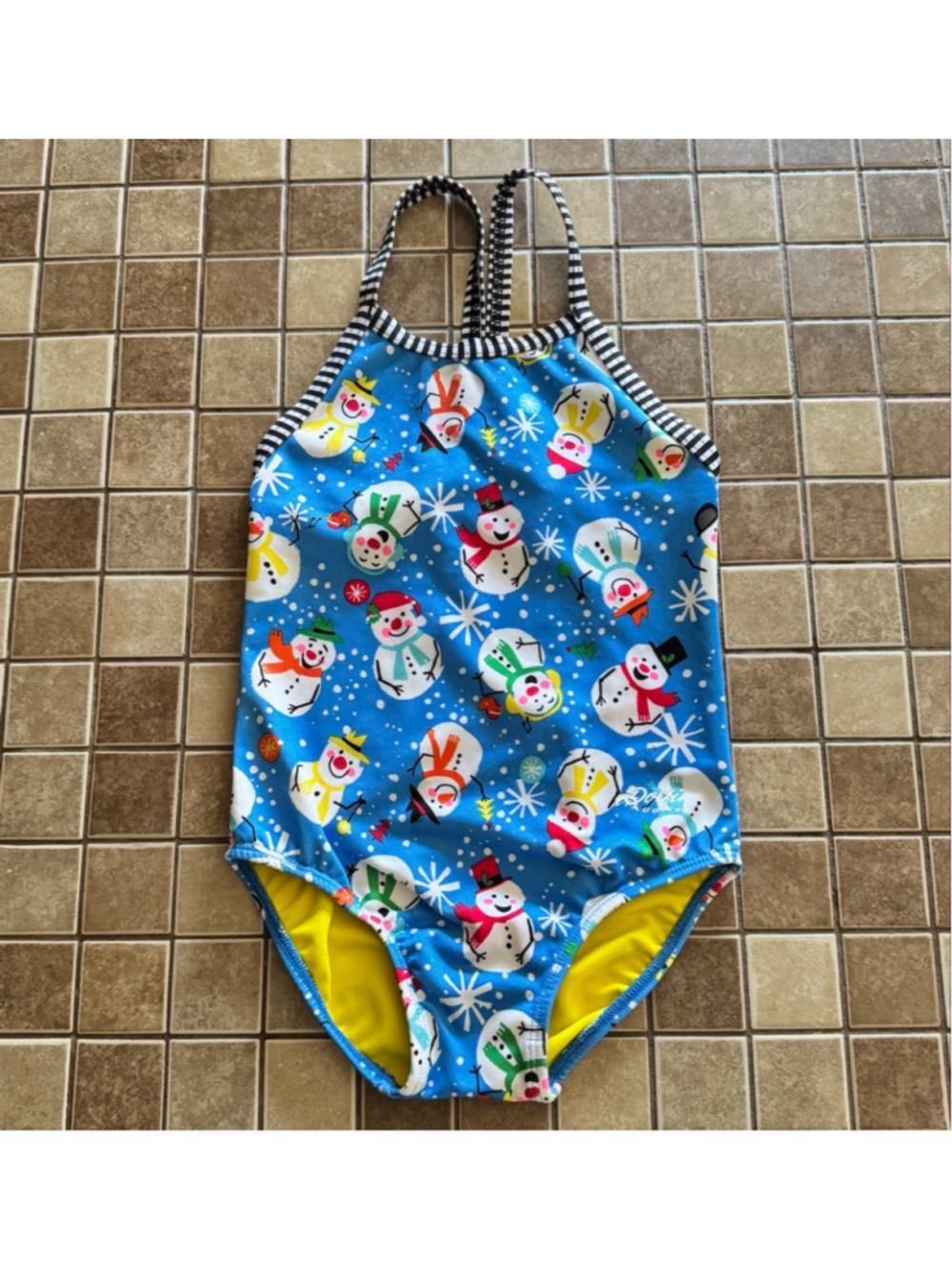 Girls Dolfin One Piece Swimsuit 6X Blue Yellow Snowman Print
